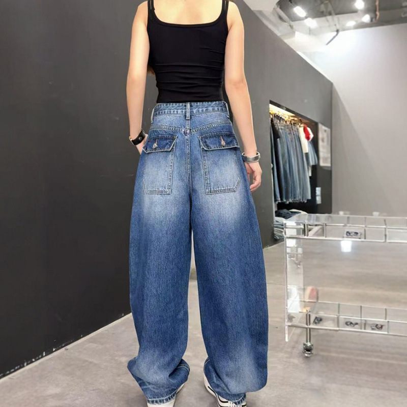大码阔腿牛仔裤女秋季2025新款梨型身材胖mm显瘦宽松美式直筒裤子|undefined