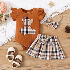 Cross-border INS newborn baby girl summer item small bear appliqué diaper cover triangle onesie grid butterfly