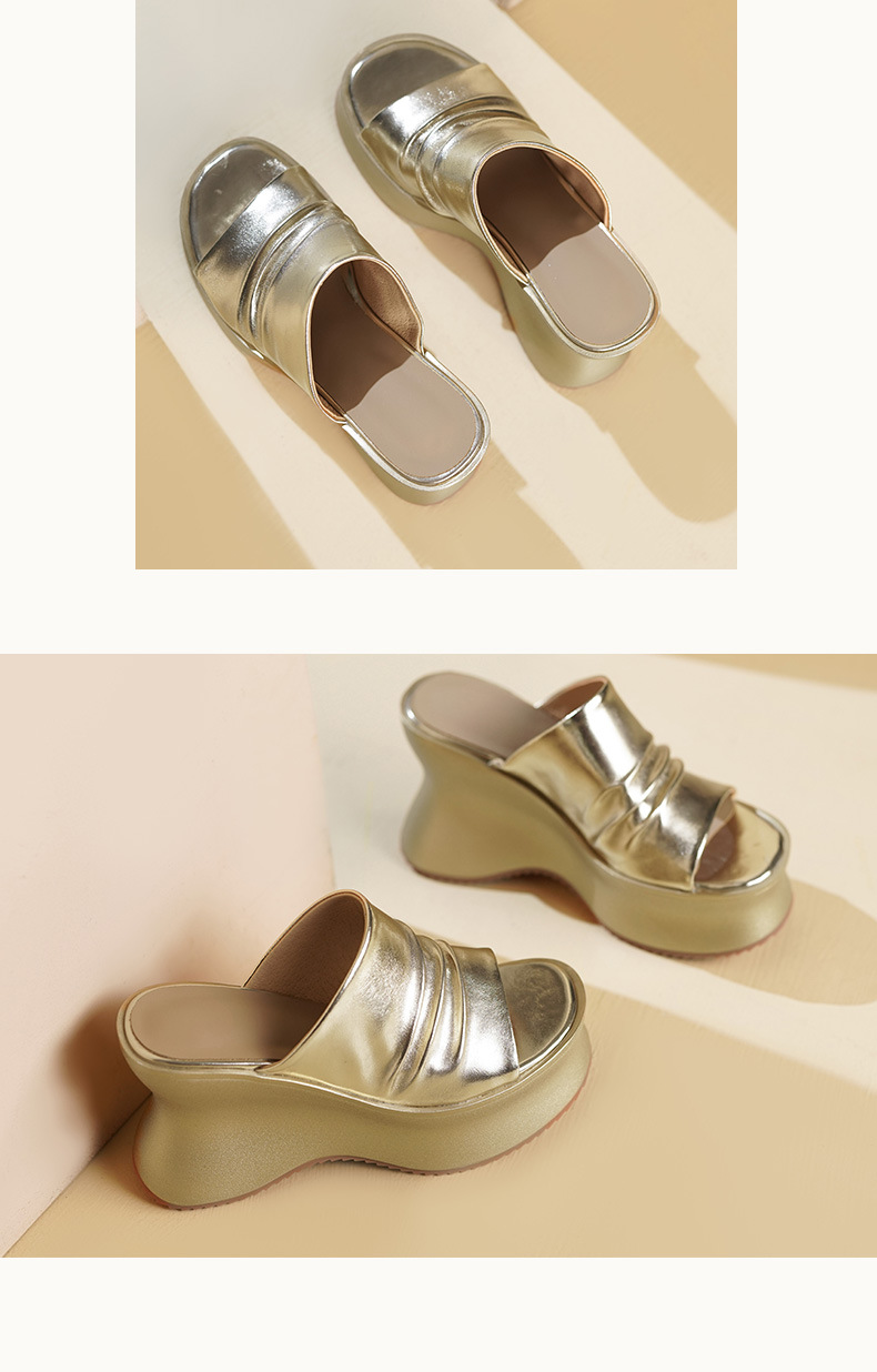 Sandal cao gót nữ hở mũi quai ngang da thật gót 10 cm — màu vàng, bạc chi tiết 6