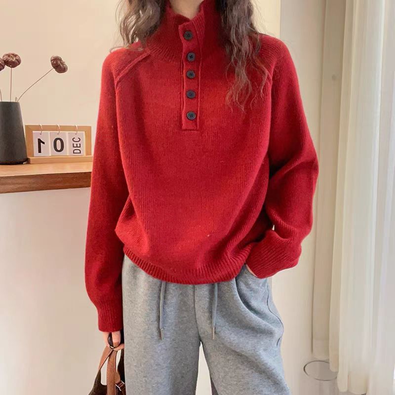 Korean Style Knitted Sweater for Women, Fluffy and Soft, Fitted Version, Half Placket, Turn-Down Collar, Raglan Sleeves, New Style Women's Sweater Top Korean Style Knitted Sweater for Women, Fluffy and Soft, Fitted Version, Half Placket, Turn-Down Collar, Raglan Sleeves, New Style Women's Sweater Top