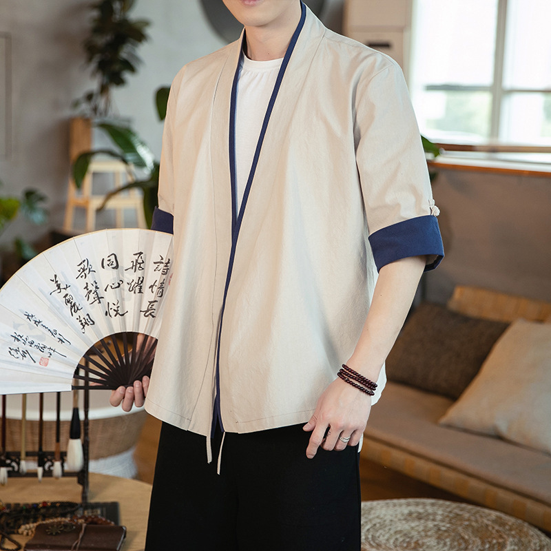 Verano Hanfu, cortavientos cortos de manga de cinco puntos para hombre, estilo étnico, servicio de té, cárdigan de capa china de manga media image 3