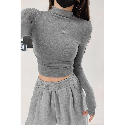 Pure Desire Sexy Fitted Slimming Design Ruched High Neck Short Sleeve Revealing Nipple Base Shirt Long Sleeve T-Shirt Top Summer