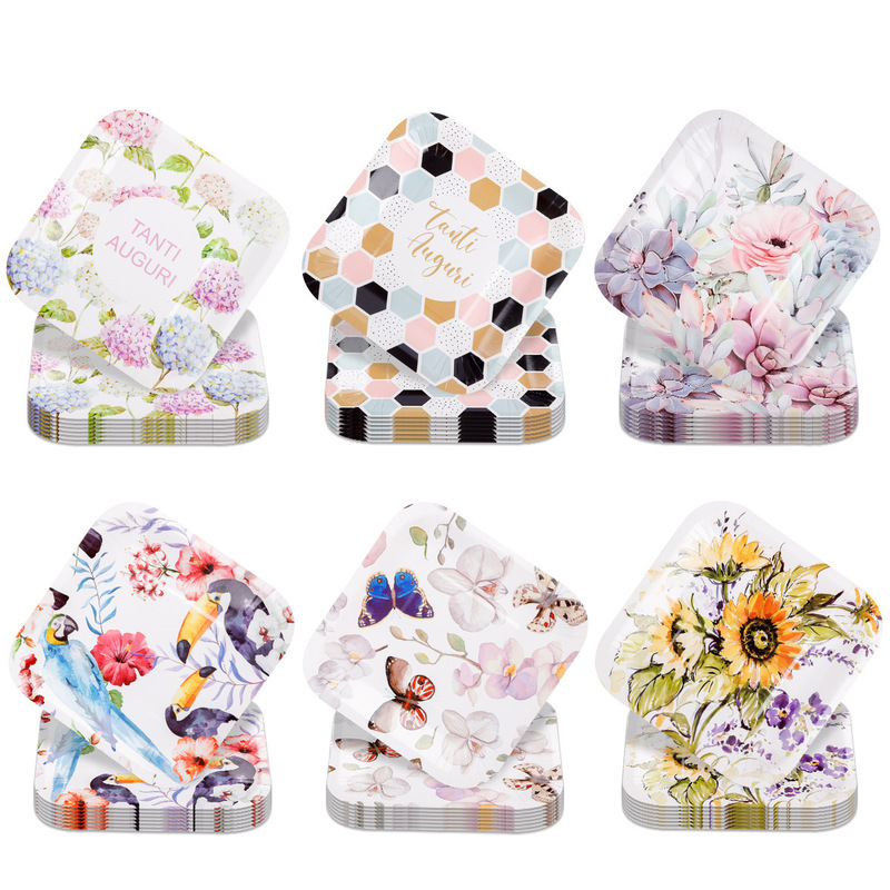 Creative Floral Paper Square 7inch Paper Plates Disposable Birthday Party Tableware Set Wholesale