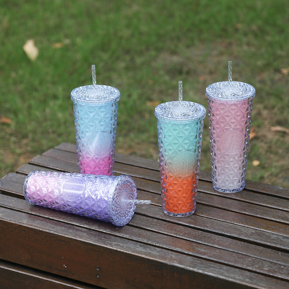 Vaso de Plástico con Pajita de Plástico PS Doble Capa y Ecológico para Oficina y Hogar