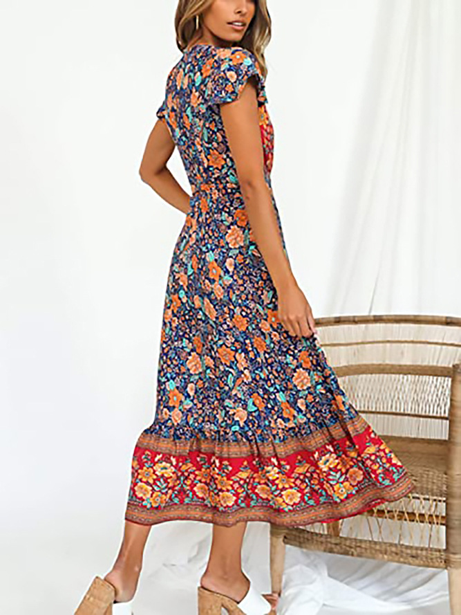 Summer Best-selling Women's Clothing, Wish Hot-selling Bohemian Printed , Short-sleeved Beach Vacation Long_ecoleips.com