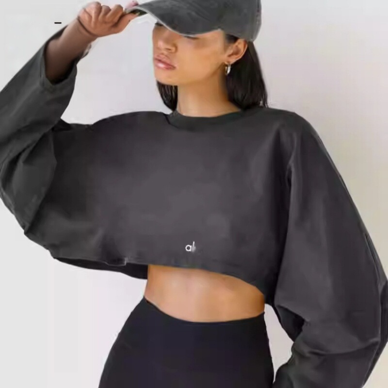 Al Navel-Baring Round Neck Sweatshirt Women's Short Sports Bottoming Shirt T-Shirt Knitwear Dropped Shoulder Sleeves Loose Long-Sleeved Top Al Navel-Baring Round Neck Sweatshirt Women's Short Sports Bottoming Shirt T-Shirt Knitwear Dropped Shoulder Sleeves Loose Long-Sleeved Top