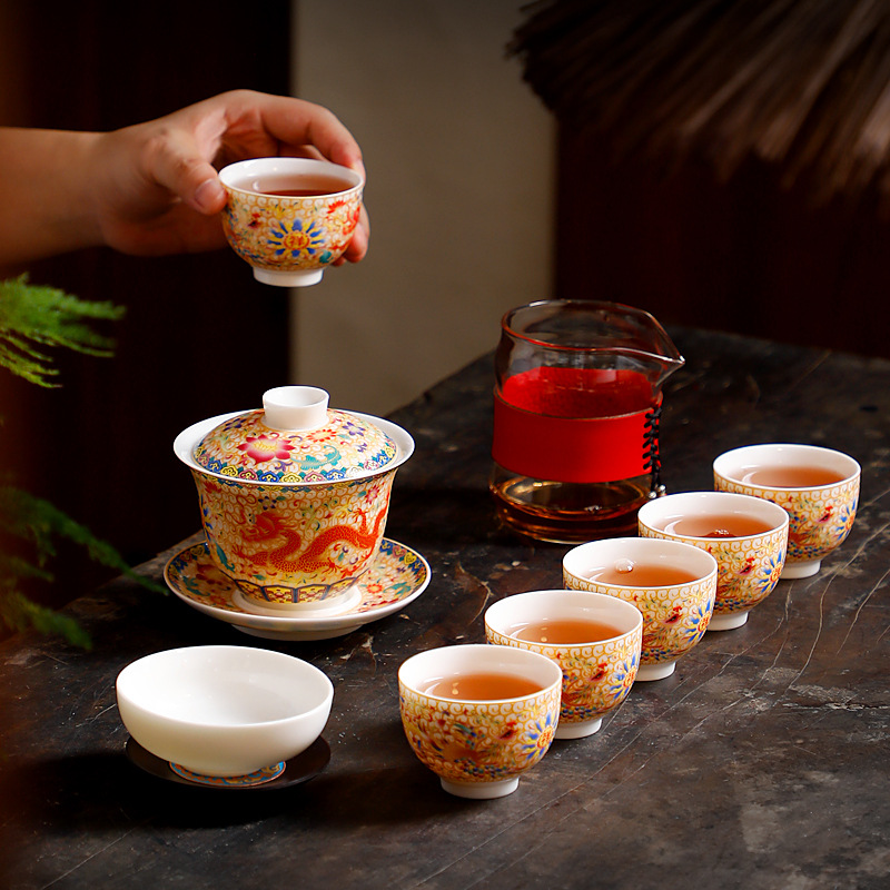 创意国风珐琅彩羊脂玉瓷盖碗茶具套装商务礼品功夫茶具办公家用