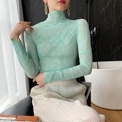 Factory direct supply 2024 autumn and spring new high-end wrinkled transparent base shirt super elastic slim age-reducing thin T-shirt