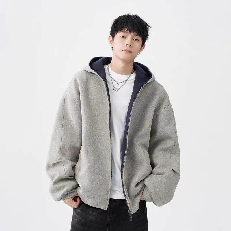미국식 헤비 더블 지퍼 후드 스웨터 재킷 남자 봄 더피 핸섬 캐주얼 재킷 올 매치 콘트라스트 컬러 커플 카디건