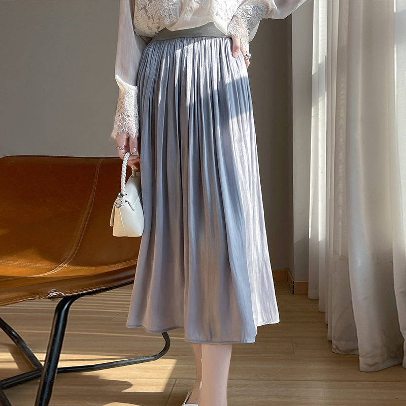Cross-Border 2025 Summer New Style Gilt Gauze Skirt Women's Drapey High-Waisted Pure Color Elegant Mid-Length Pleated Skirt