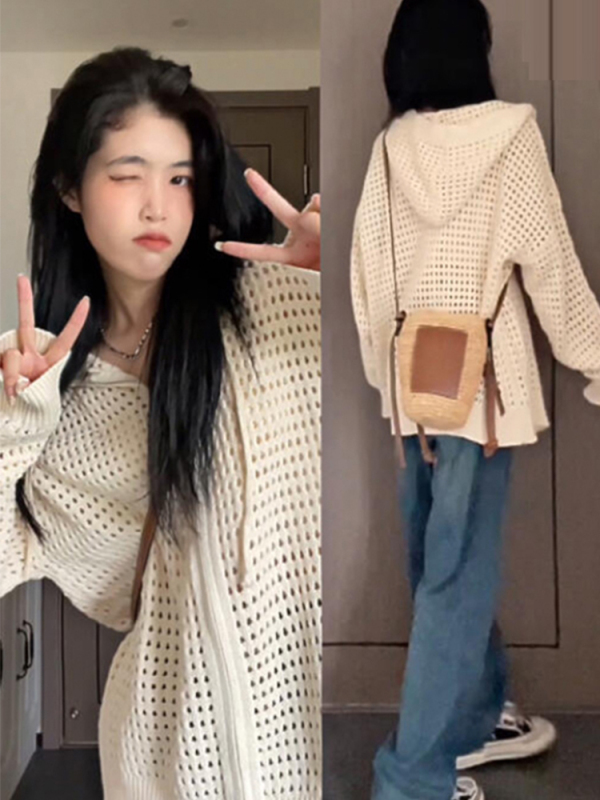 开衫上衣女镂空针织衫设计感连帽宽松外搭薄款外套韩版早秋季拉链|undefined