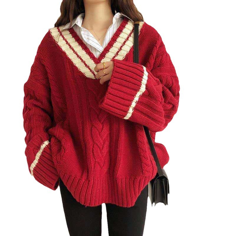 Cross-border coreano otoño y invierno nuevo suéter de torsión de cuello en V mujer retro camisa de color de contraste floja camisa de punto suelta mujer