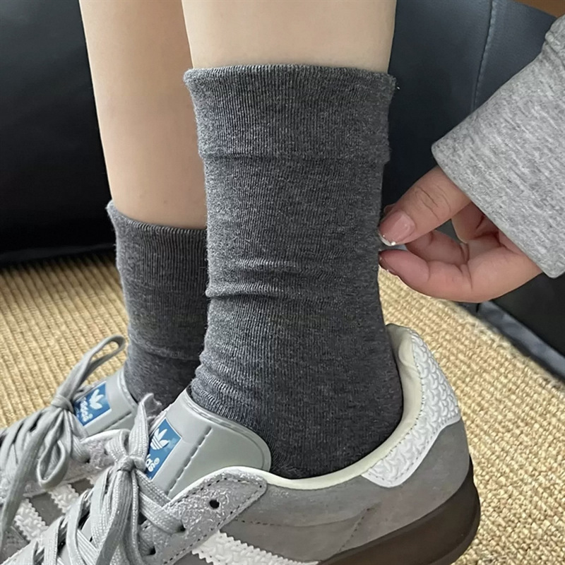 灰色堆堆袜子女休闲中筒袜爆款少女纯棉无骨直板纯色月子袜长袜|undefined