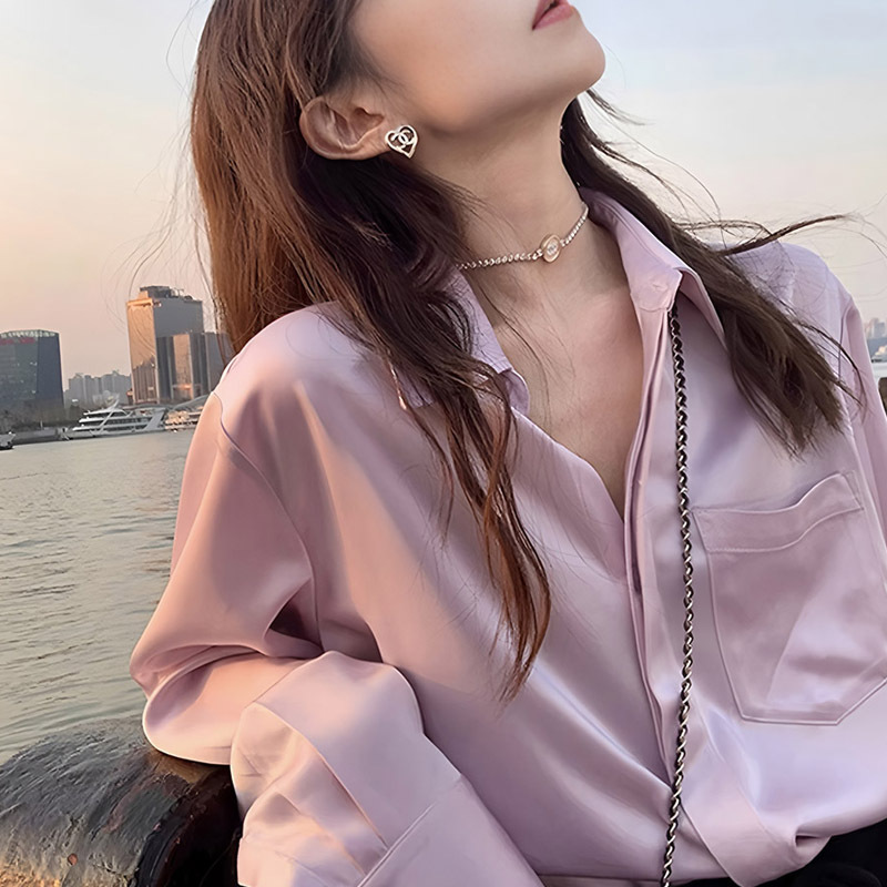 高级感气质粉色醋酸缎面衬衫女秋设计感小众外套衬衣韩系宽松上衣|undefined