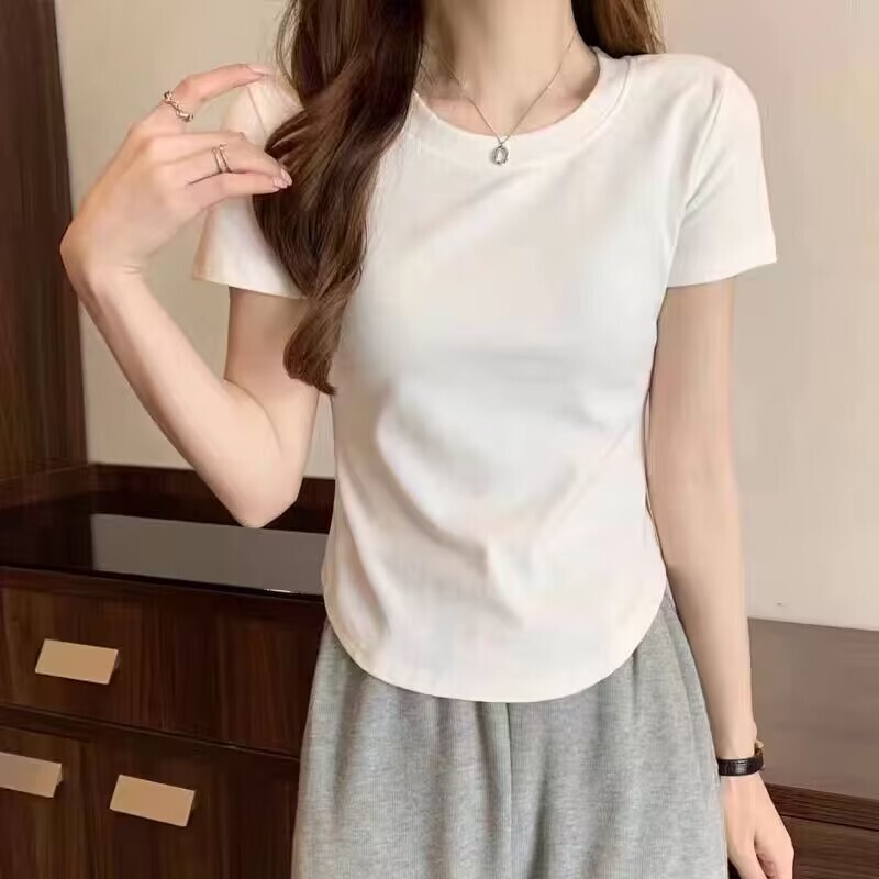 Threaded Cotton Short-Sleeved Right Shoulder Round Neck Pure Color T-Shirt for Women in Summer with Asymmetrical Hem, Slim Fit and Versatile Top Basic Style Threaded Cotton Short-Sleeved Right Shoulder Round Neck Pure Color T-Shirt for Women in Summer with Asymmetrical Hem, Slim Fit and Versatile Top Basic Style