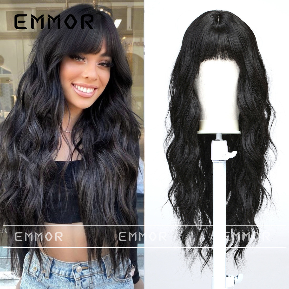 Europa y América transfronteriza nueva natural negro bangs moda gran ola larga pelo rizado mullido peluca de las mujeres cubierta de la cabeza completa