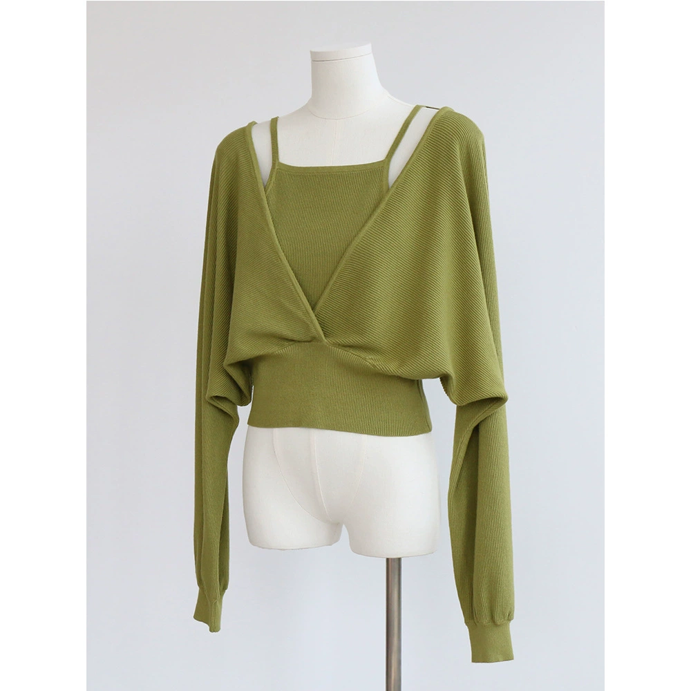 Женский топ на шнуровке в Корейском стиле, комплект из двух предметов, из 12-контактного трикотажного ремня для бега + блузка с рукавом летучая сила, Новинка осени и зимы