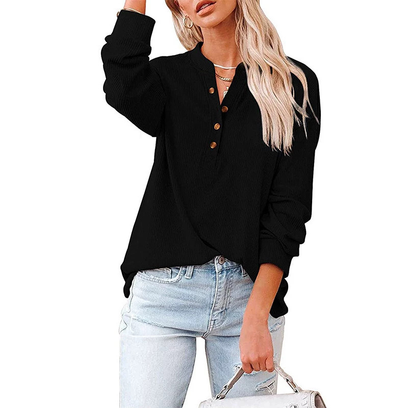 2026 new European and American Amazon autumn and winter women's long-sleeved button-down V-neck knitted shirt with a stand-up collar, women's top