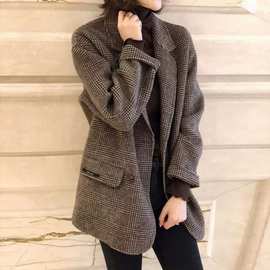 格子毛呢外套女2026秋冬新品西装上衣长袖英伦风加厚口袋西服女