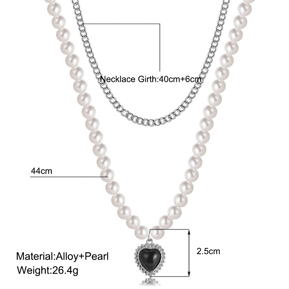 Creative Simple Multi-layer Black Heart Double-layer Pearl Chain Alloy Necklace display picture 1