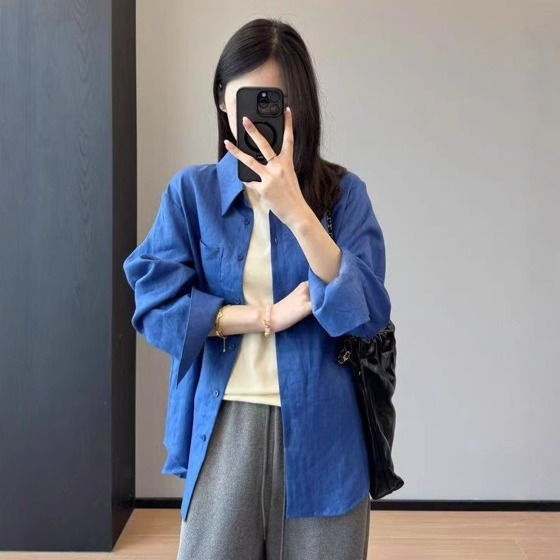 Western style Klein blue high shirt washed linen shirt blogger style lazy long sleeve shirt female spring K0308C