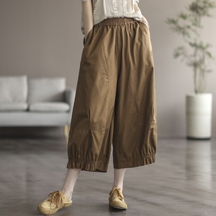 Literary Retro Pure Cotton Three-Quarter Casual Pants for Women 2025 Summer New Large Size Versatile Age-Reducing Pure Color Wide-Leg Pants