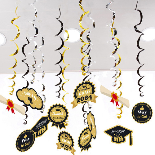 Cross-border Amazon Graduation Season Spiral Wall Hanging PVC Black Gold Spiral Chandelier Graduation Celebration Party Decoration Pendant