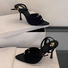 2025露趾一字扣带凉鞋潮流时尚春秋尖头女神范罗马高跟鞋欧式新款