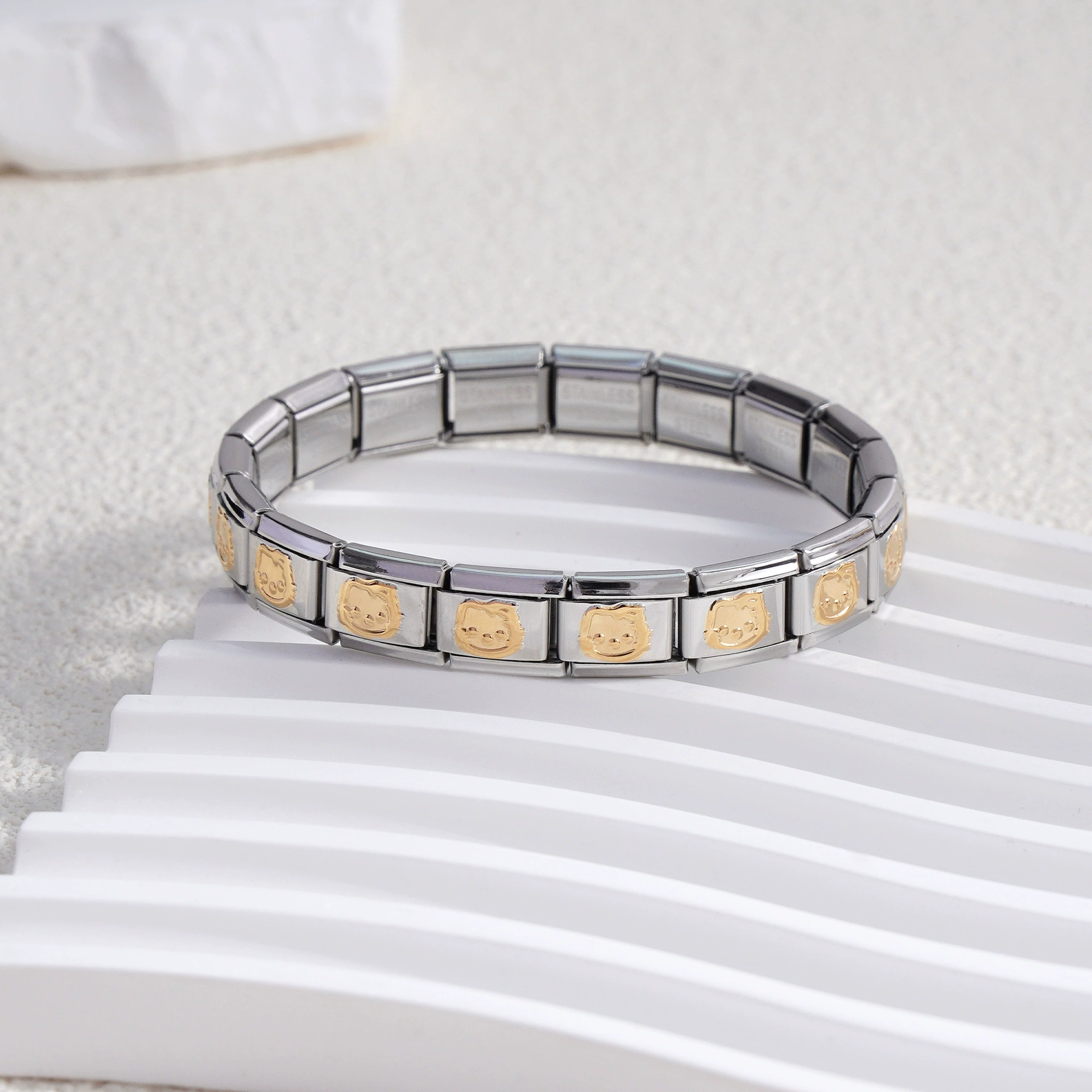stainless steel bracelet, removable elastic link watch strap, italian european style, assorted charms