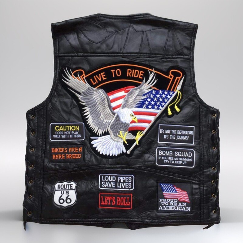 Classic Leather Jacket Men's Motorcycle Vest Leather Vest Genuine Leather Vest Cycling Vest 14 Embroidered Badge