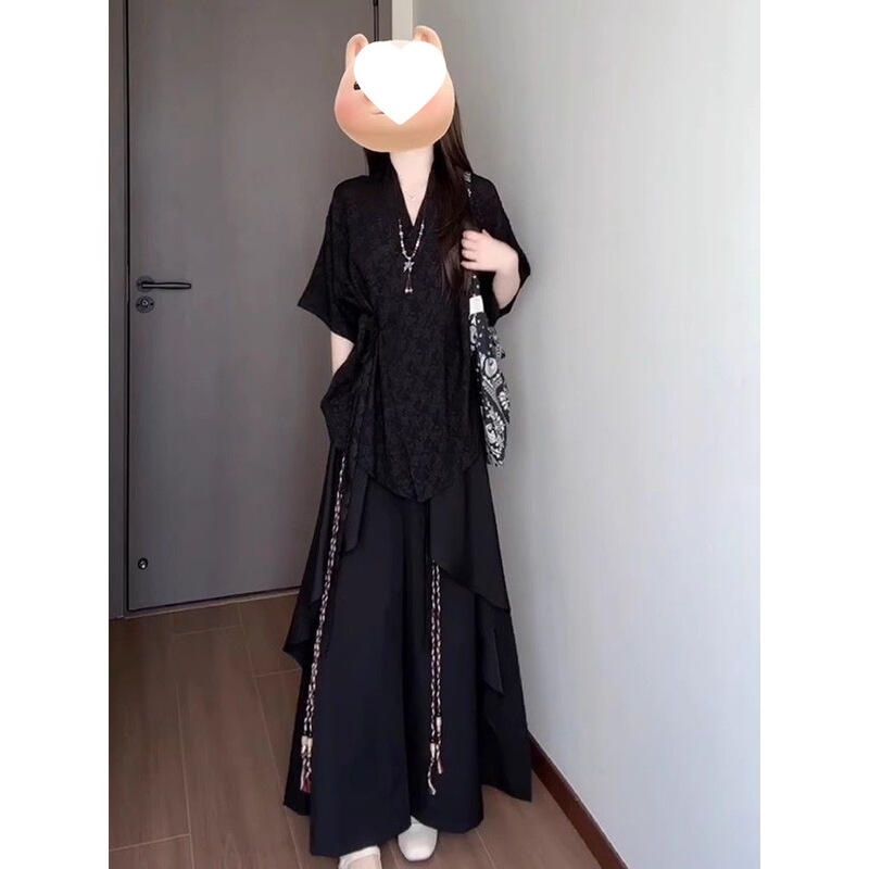 Cool and Stylish Outfits, Hanfu Summer New Arrivals, Retro Niche Shirts, Patchwork Wide-Leg Casual Pants Two-Piece Set