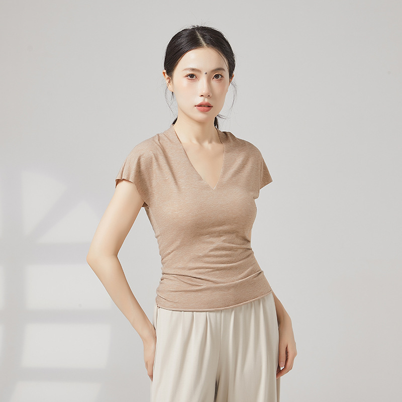 Modern Dance Sleeveless Vest Han Gan tee Basic Simple V-Neck Short-Sleeved T-Shirt for Daily Classical Dance Practice