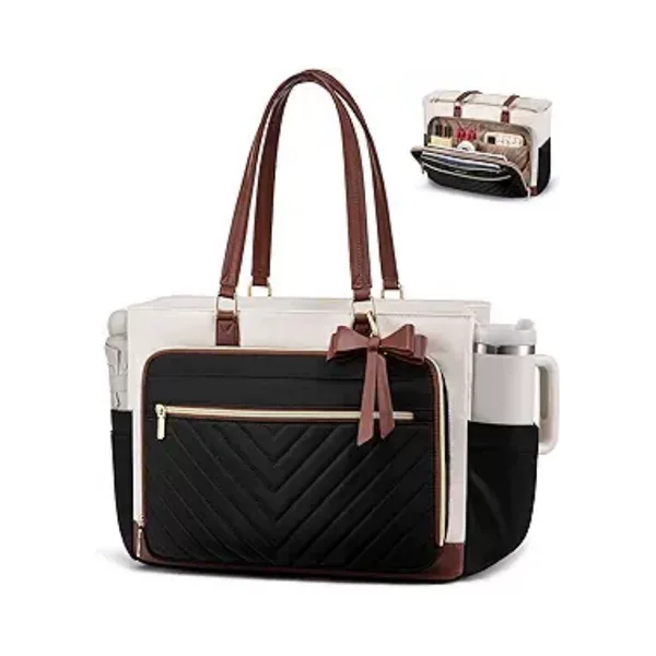 Portable Women's Commuter Computer Tote Bag with Large Cup Holder, Waterproof Women's Lunch Thermal Tote Bag with Bow