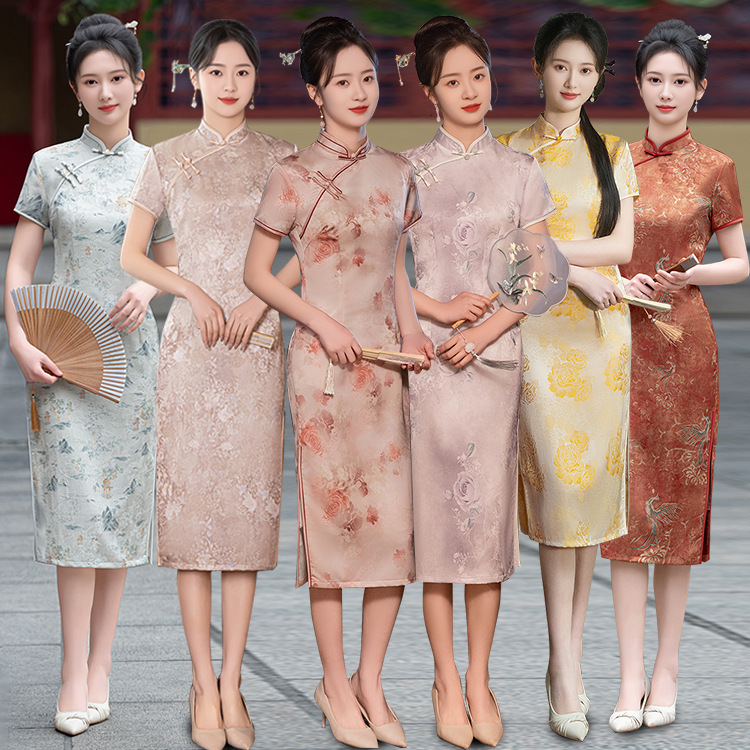 Summer New Improved Cheongsam Ink Style dress Slim-fit Slimming plus size Elegant Mid-length Cheongsam Dress with Vertical Collar