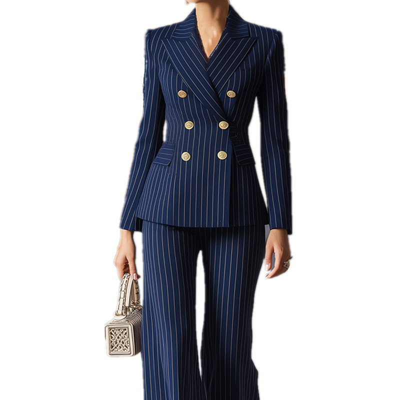 Elegant Striped Suit Set for Women Long Sleeved European American Style Slim Fit Waist Defining Commuter Wear 2025 Hot Selling_ecoleips.com