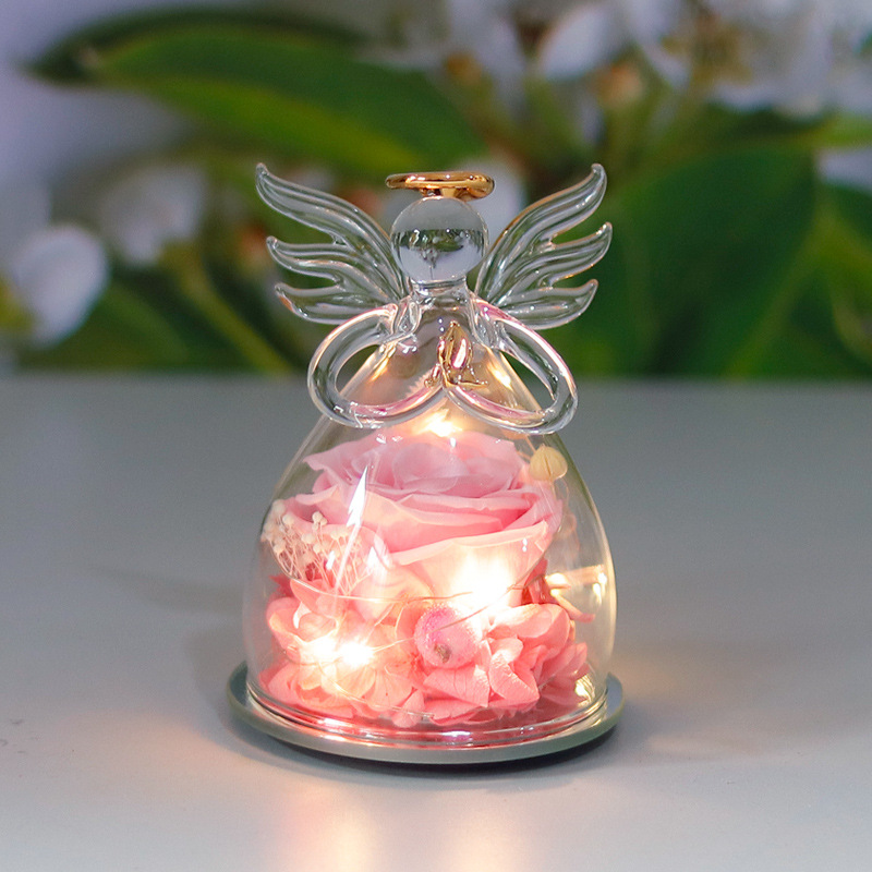 Comercio electrónico transfronterizo cubierta de vidrio flor eterna angelito rosa eterna Navidad regalo del día de San Valentín cubierta de vidrio decoración