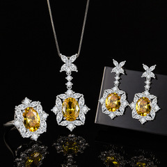 歐美奢華彩寶仿真黃鋯石耳環吊墜戒指三件套高級首飾套裝一件代發
