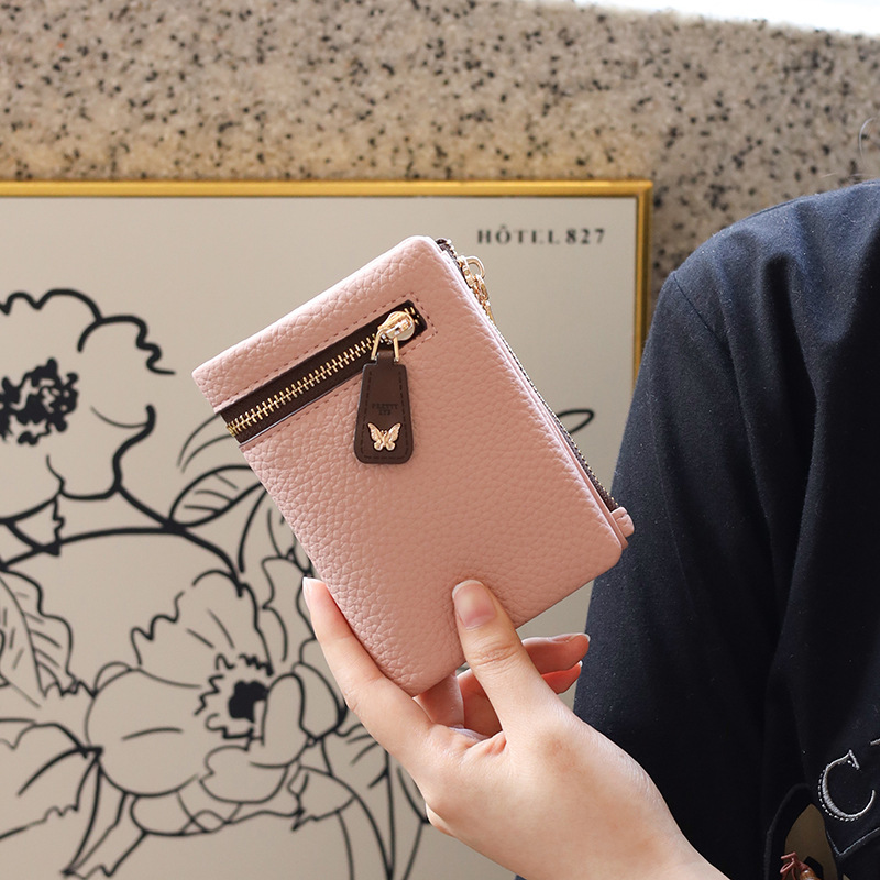 2025 New Women's Short Wallet Japanese and Korean Solid Color Litchi Pattern Women's Zipper Folding Multifunctional Coin Coin Purse
