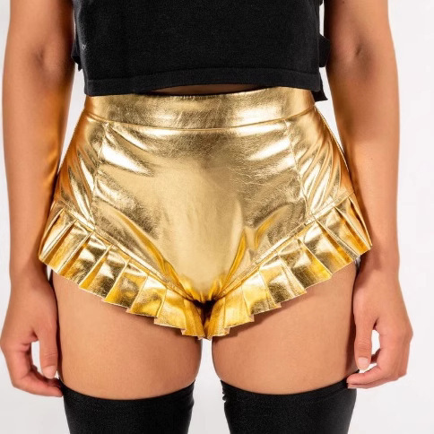 European and American Style Sexy High-Waisted Flared Shorts That Accentuate the Figure, Women's Fashion 2026 Summer New Gold Foil Fluorescent Ultra-Short Shorts