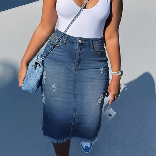 Rough denim skirt, women's new style, high waist, slimming one-step dress, medium and long a-line bag hip skirt