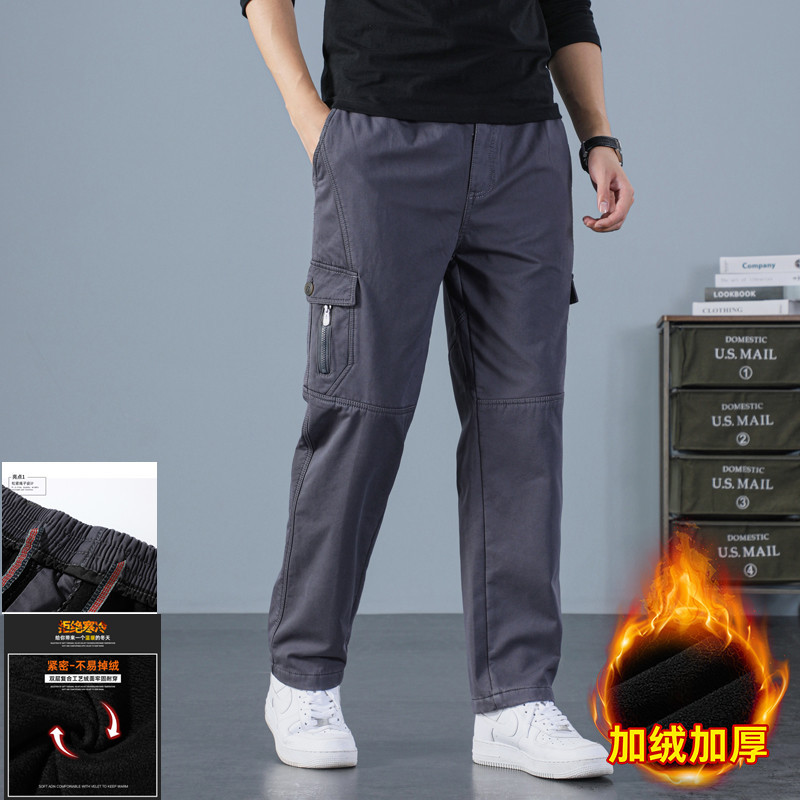 Men's Winter Fleece-lined Thickened Straight Casual Pants Large Size Fat Guy Overalls Multi-pocket Loose Casual Pants Men's Pants