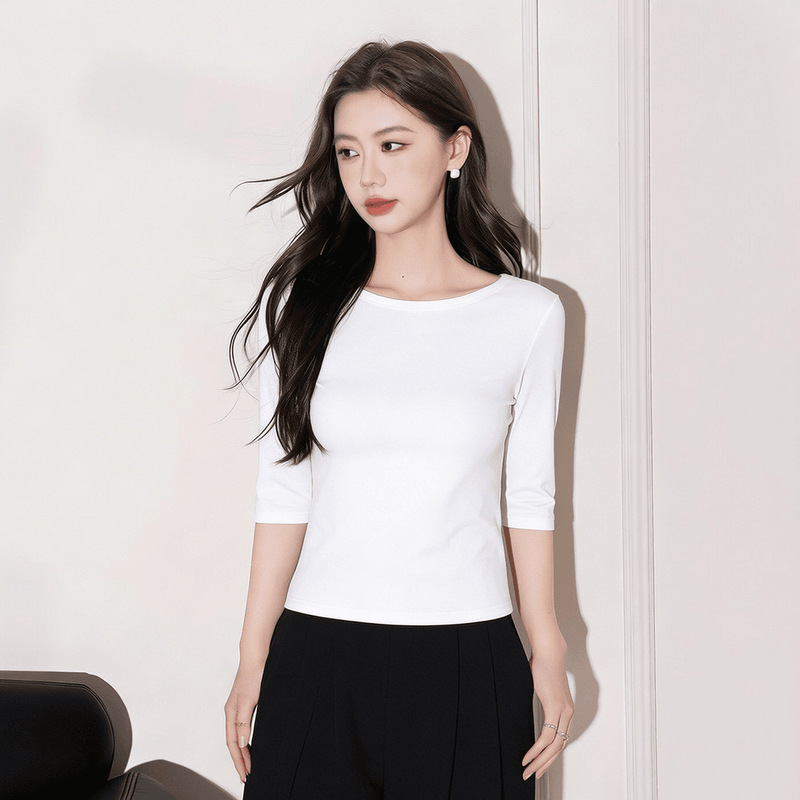 Sailboat Collar Off-Shoulder Mid-Sleeve T-Shirt for Women, New Summer Style, Five-Quarter Sleeve, One-Shoulder, Slim-Fit, Short, Versatile Half-Sleeve Top Sailboat Collar Off-Shoulder Mid-Sleeve T-Shirt for Women, New Summer Style, Five-Quarter Sleeve, One-Shoulder, Slim-Fit, Short, Versatile Half-Sleeve Top