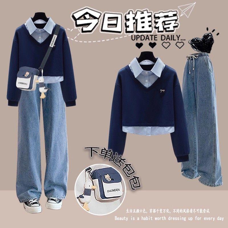 初高中学生假两件卫衣女春秋2025新款学院风少女POLO领套头上衣服|undefined