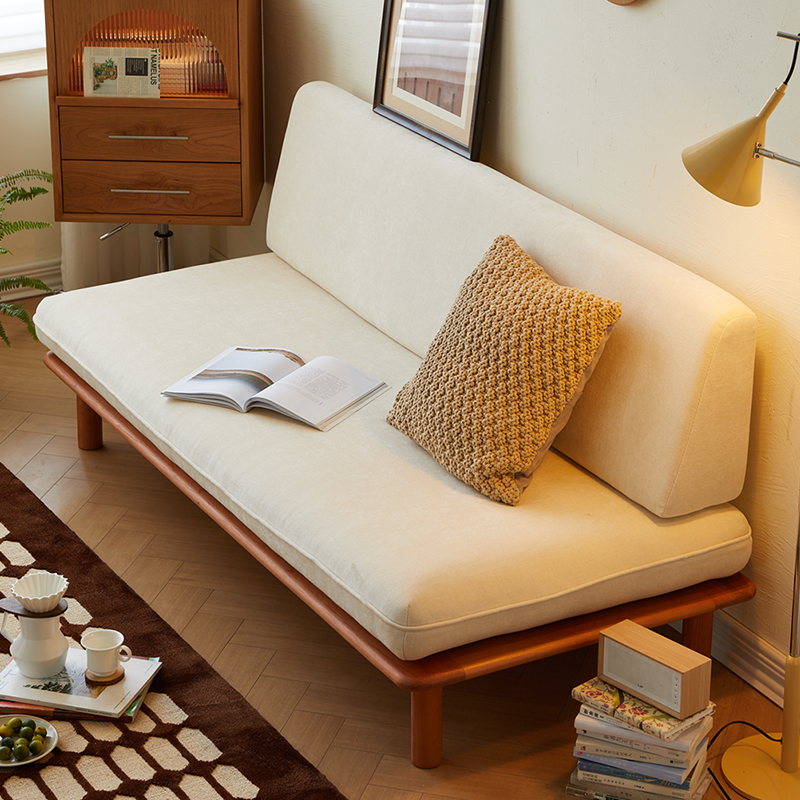 Japanese Style Casual Solid Wood Sofa Living Room Small Apartment Armrest-free Double Retro Lazy Simple Style Fabric Sofa