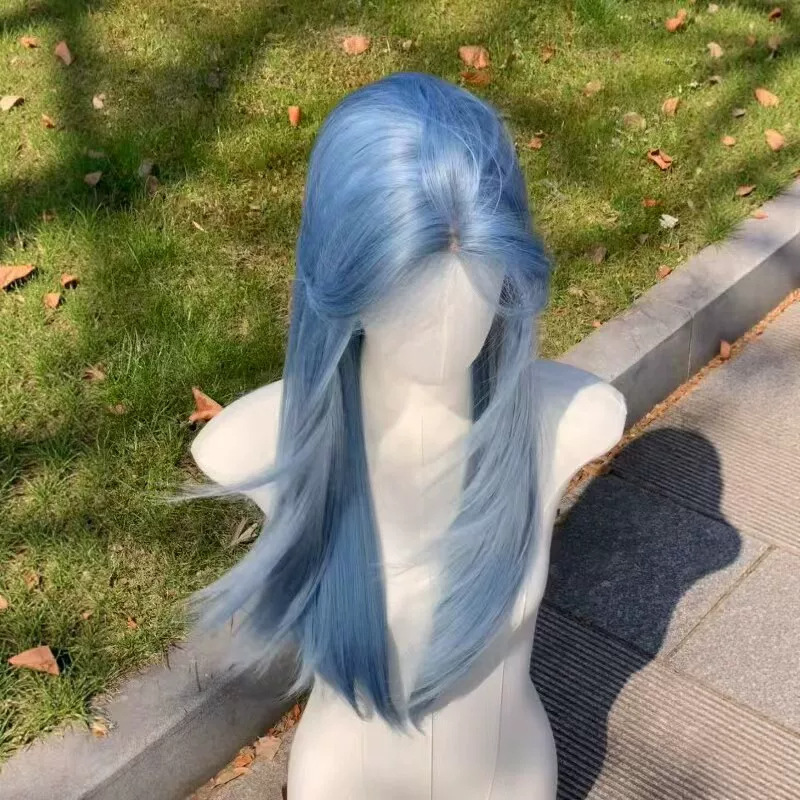 Full wig for women, with a center part, lace front, long straight blue hair, creating an autumnal, cool, and elegant look, rose netting, realistic wig