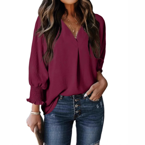 Women's V-neck Casual Long-sleeve Loose Shirt Top Blouse T-shirt - New Arrival for Fall/Winter 2024 on Amazon US and Europe