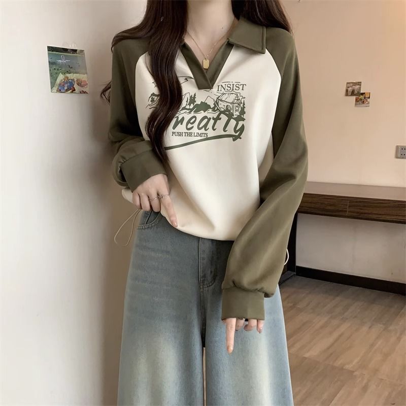 大码美式复古薄款卫衣女2025春秋宽松显瘦时尚洋气polo领外穿上衣|undefined