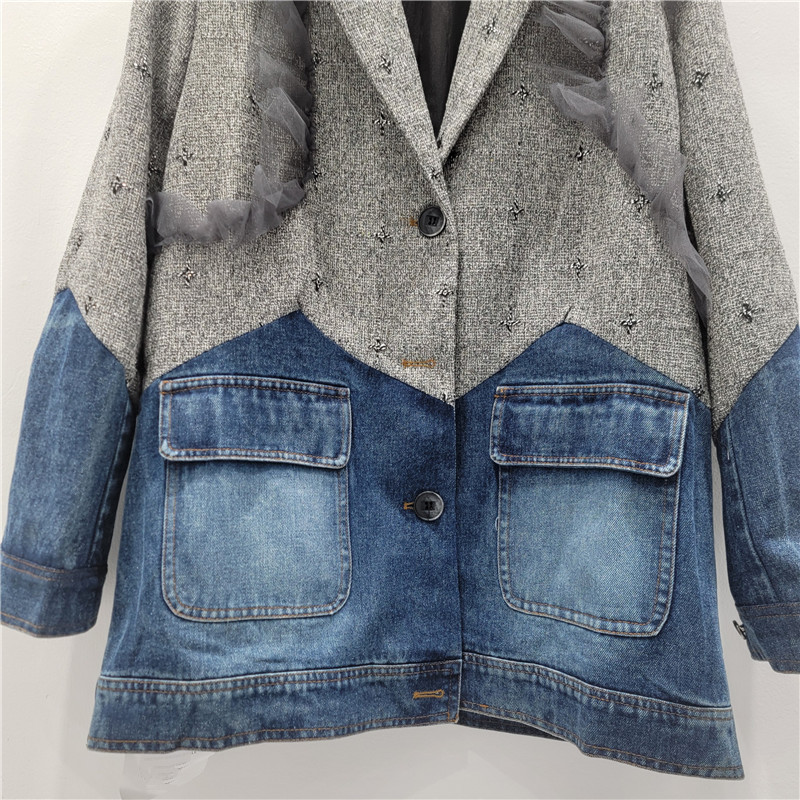 Saco Formal de Mezclilla con Malla para Mujer con Cuello de Solapa