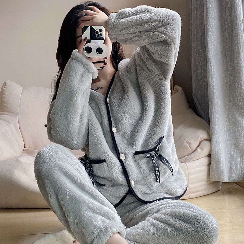 Coral vello de invierno coreano lindo dulce estudiante grueso calentamiento conjunto de ropa para el hogar de franela pijamas de alta calidad