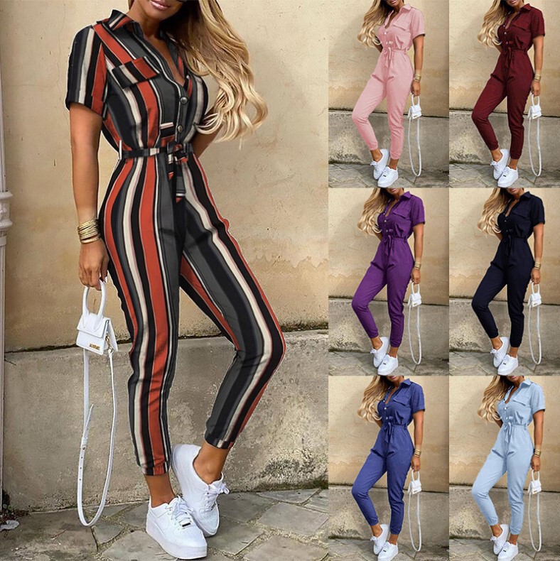 2026 In-Stock Summer Amazon Hot-Selling European and American Women's Casual Lapel Print Belt Workwear Jumpsuit Om 2026 In-Stock Summer Amazon Hot-Selling European and American Women's Casual Lapel Print Belt Workwear Jumpsuit Om